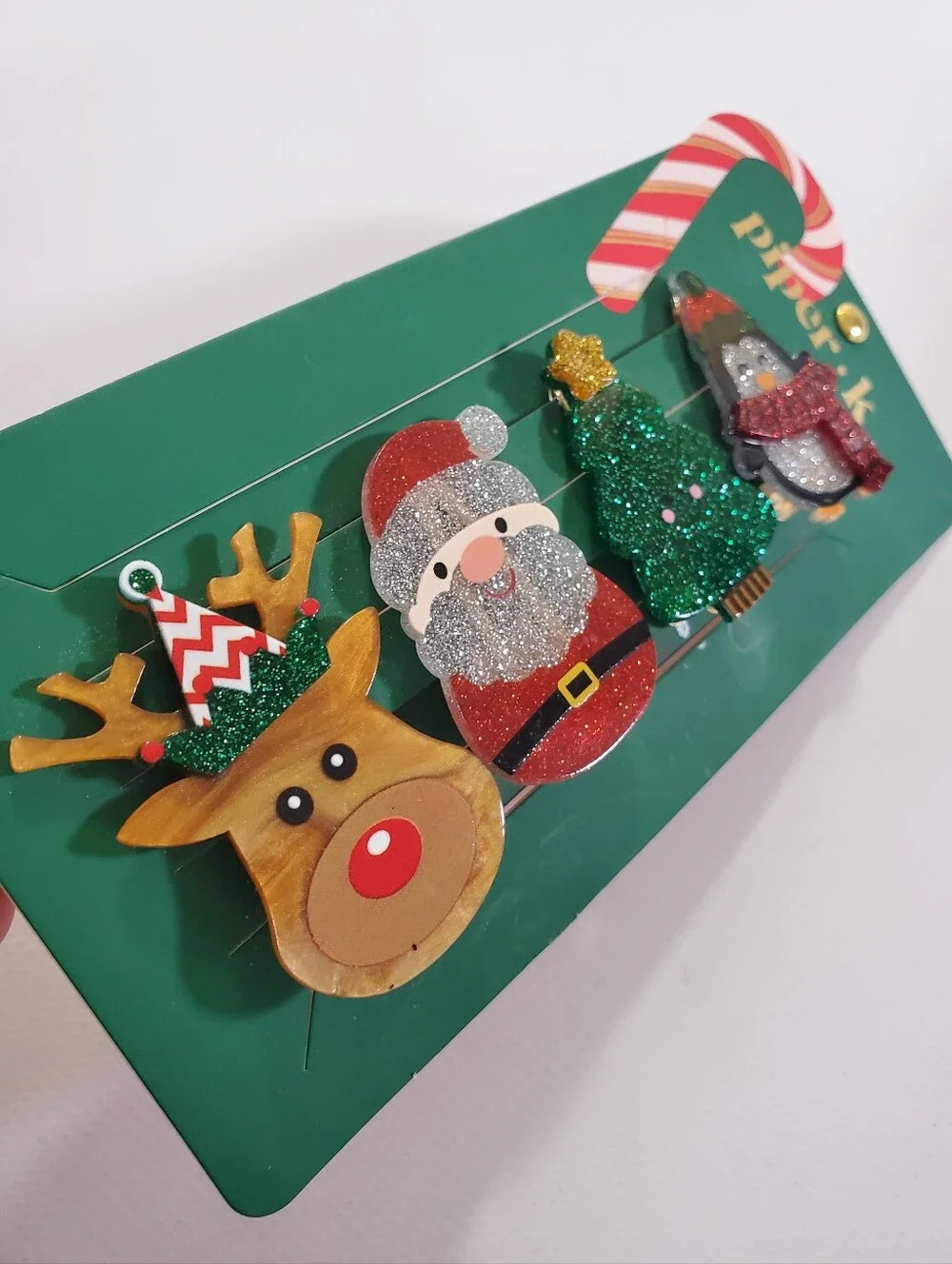 🟢 Piper K Christmas Hair Clips Holiday Glitter Character Set NWT Reindeer Santa